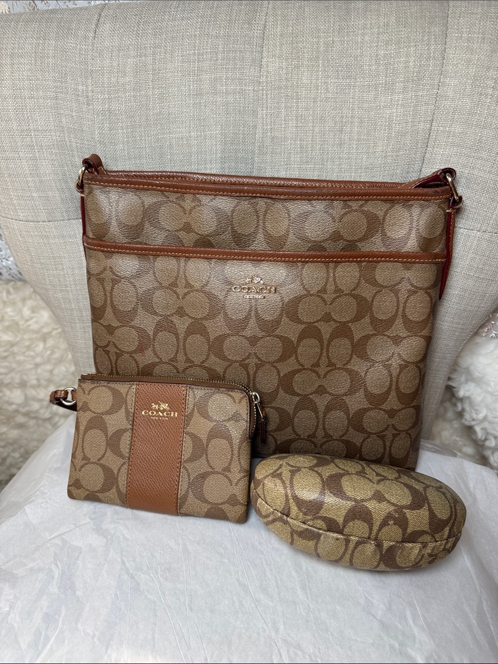 Coach Brown Signature Canvas Crossbody with Wristlet & Eyewear Case